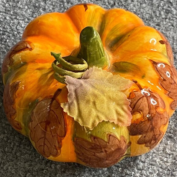 Halloween Hand-Painted Ceramic Pumpkin Decor Autumn Leaf Design Thanksgiving - Picture 2 of 9